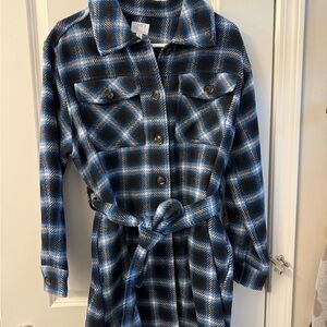 Blue Plaid Button-Up Belted Dress